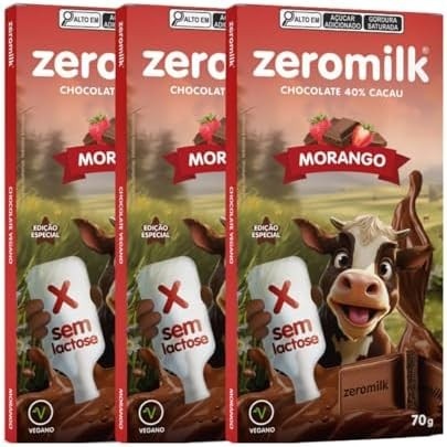 Kit com 3 tabletes de chocolate vegano 40% cacau sabor morango de 70g cada - Zeromilk