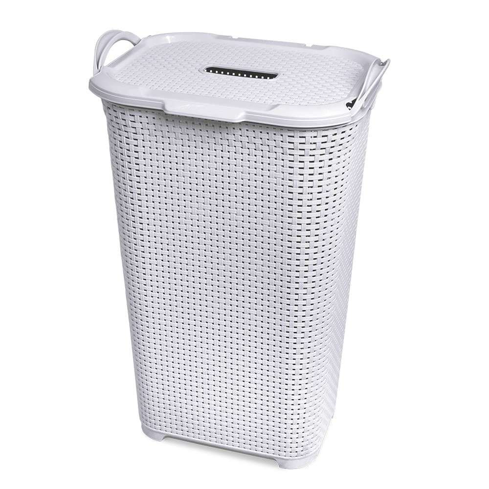 Cesto de Roupa Branco Rattan com Tampa Basculada e Alça - Organize com Estilo e Praticidade