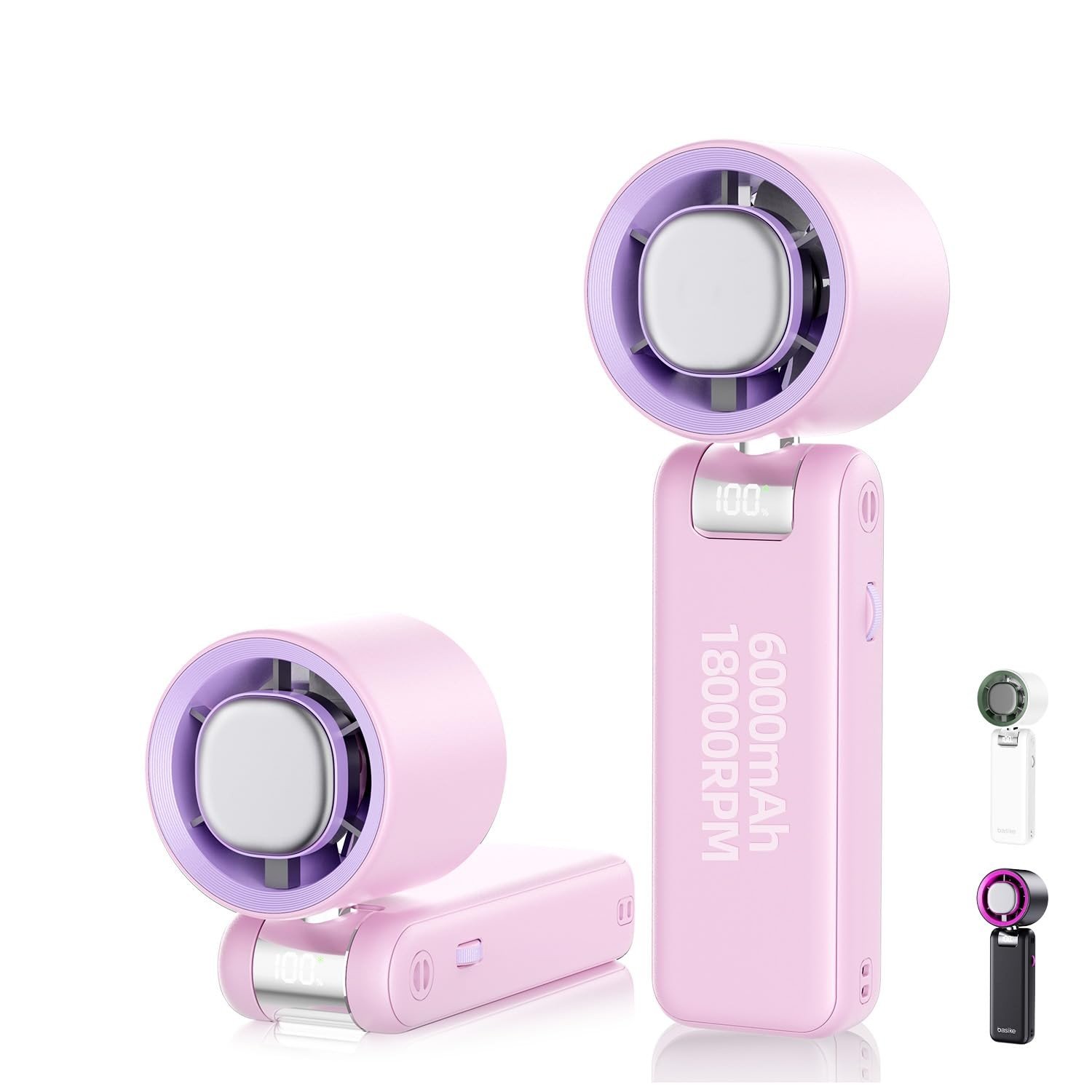 Basike Ventilador de Mão Portátil Recarregável com Display Digital, 100 Níveis de Velocidade, Função Resfriamento, 12W, 6000mAh, Anjo Ajustável 180°, Rosa