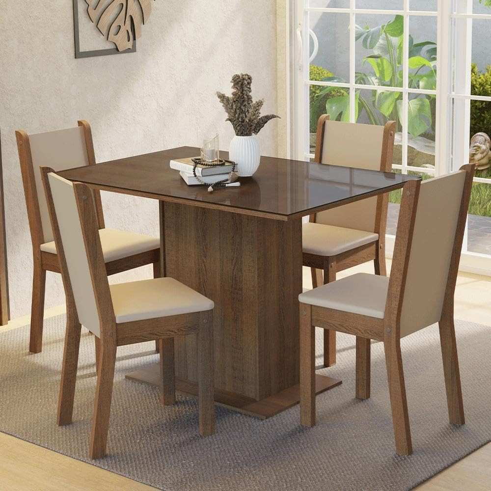 Conjunto Sala de Jantar Mesa Tampo de Vidro 4 Cadeiras Rustic/crema/sintético Bege Martina Madesa - Estilo e Conforto para Sua Casa