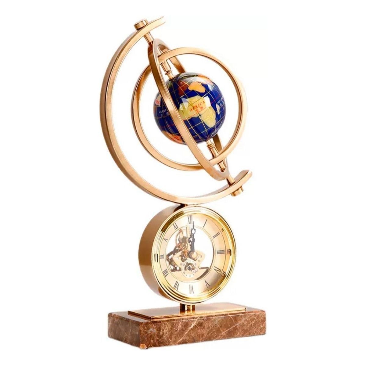 Globo Terrestre de Mármore com Estátua e Relógio - Ornamento de Luxo para Decoração Vintage