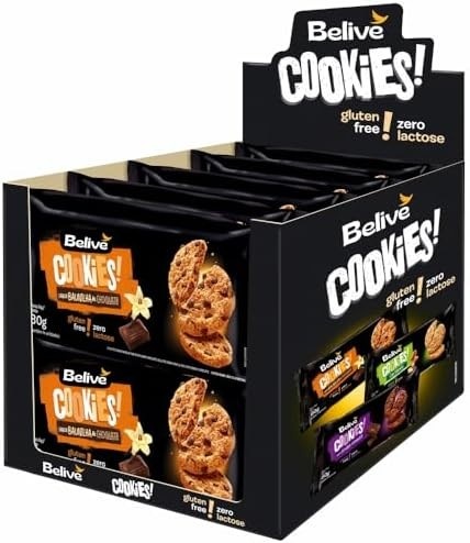 Caixa de Cookies de Baunilha com Gotas de Chocolate Sem Glúten Sem Leite Belive - 10 unidades de 80g