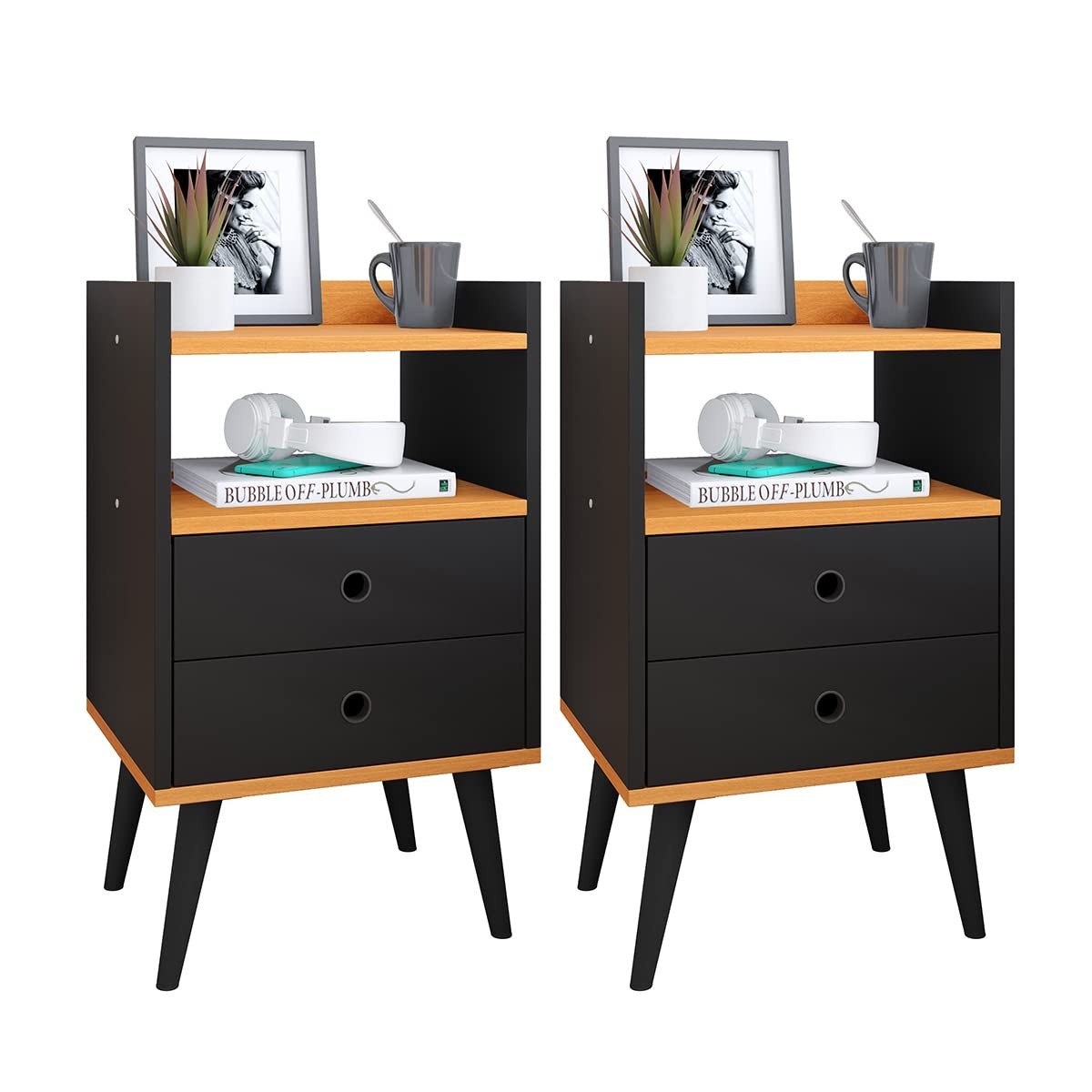 Mesa de Cabeceira Retrô com 2 Gavetas - Kit com 2 Unidades para Decoração de Quarto