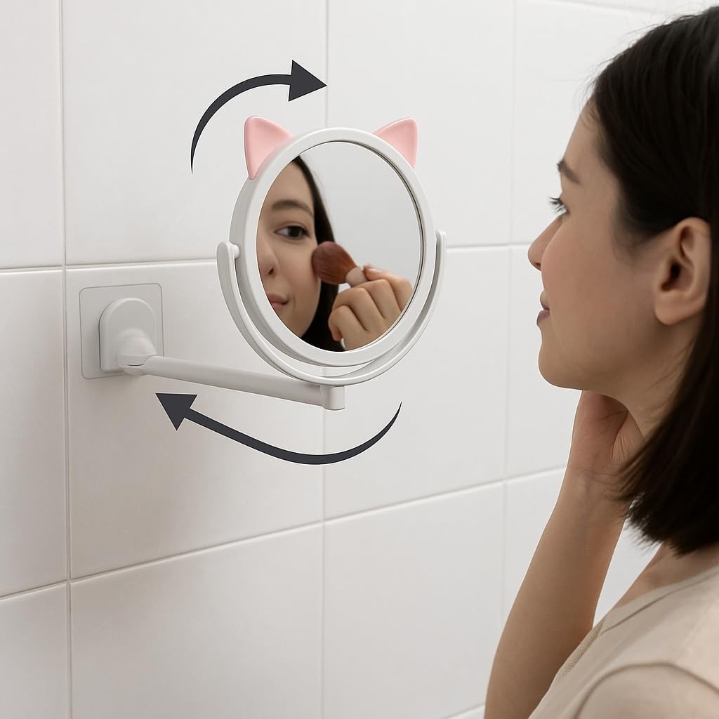 Espelho de Parede Retrátil com Orelhas de Gato - Design Ajustável 360°, Fixação por Ventosa
