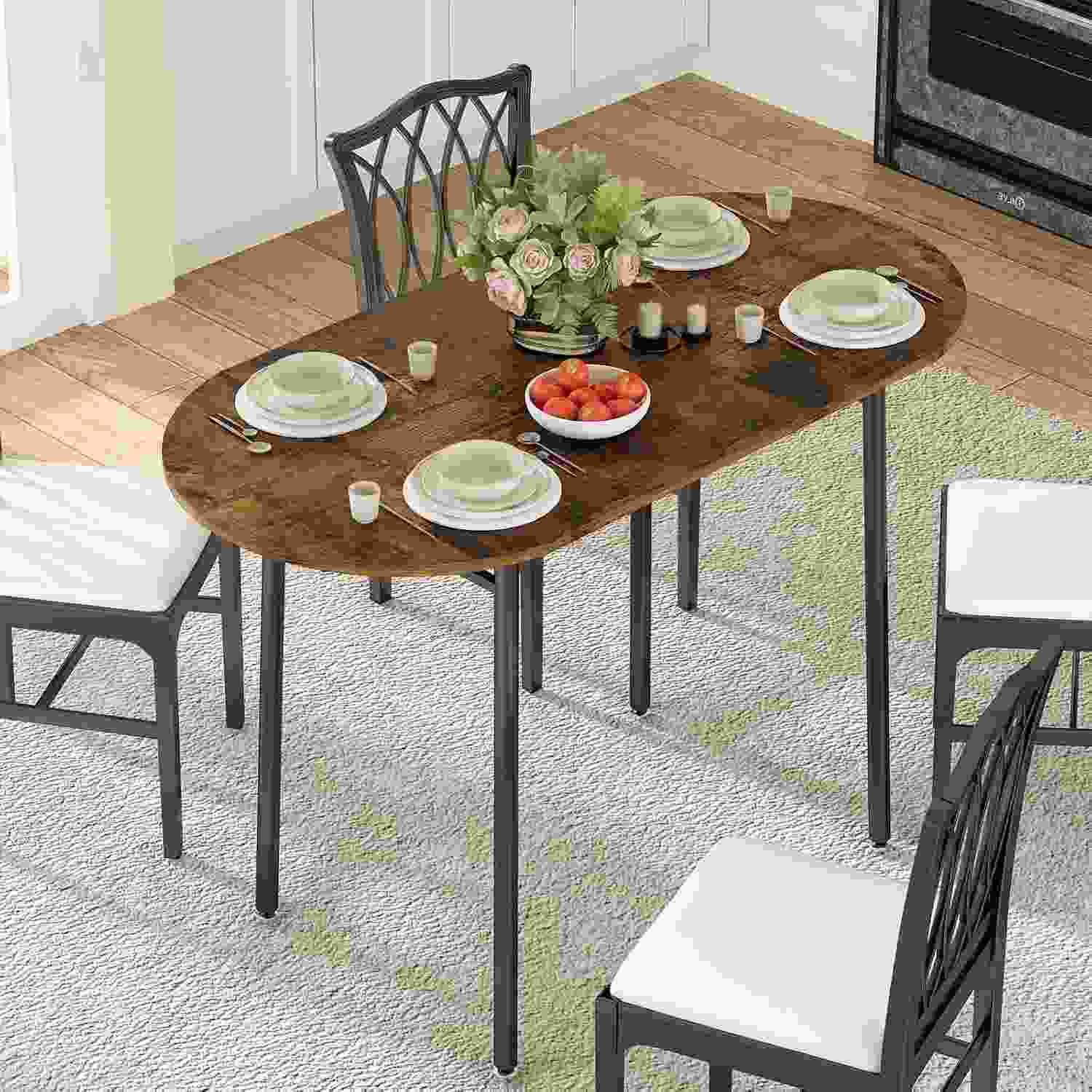 Mesa de Jantar Dobrável Oval com Laterais Ajustáveis - Design Industrial Retro para Espaços Pequenos