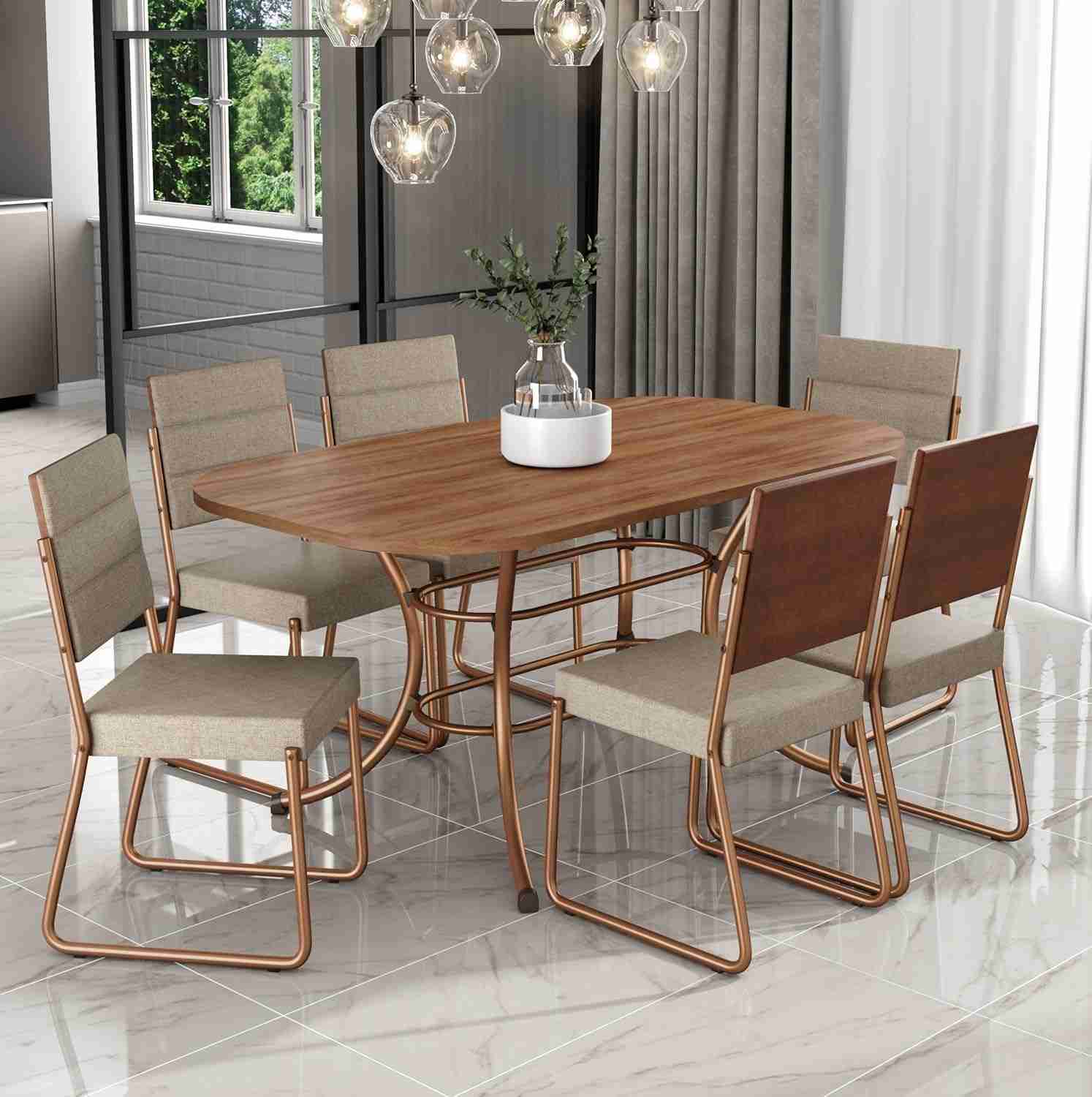 Conjunto de Sala de Jantar com Mesa e 6 Cadeiras Fênix Rosê – Estilo Moderno e Conforto
