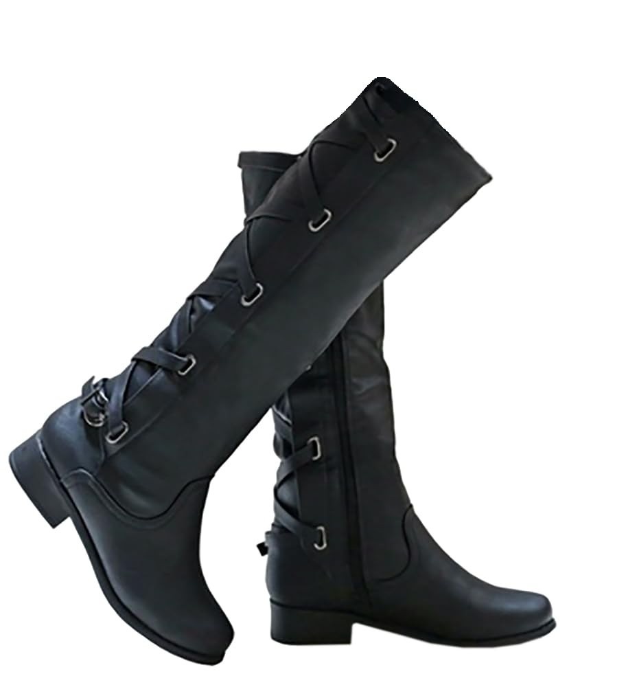 Syktkmx Botas femininas de cano alto para motociclista de inverno com cadarço e salto baixo, 1 preto, 39