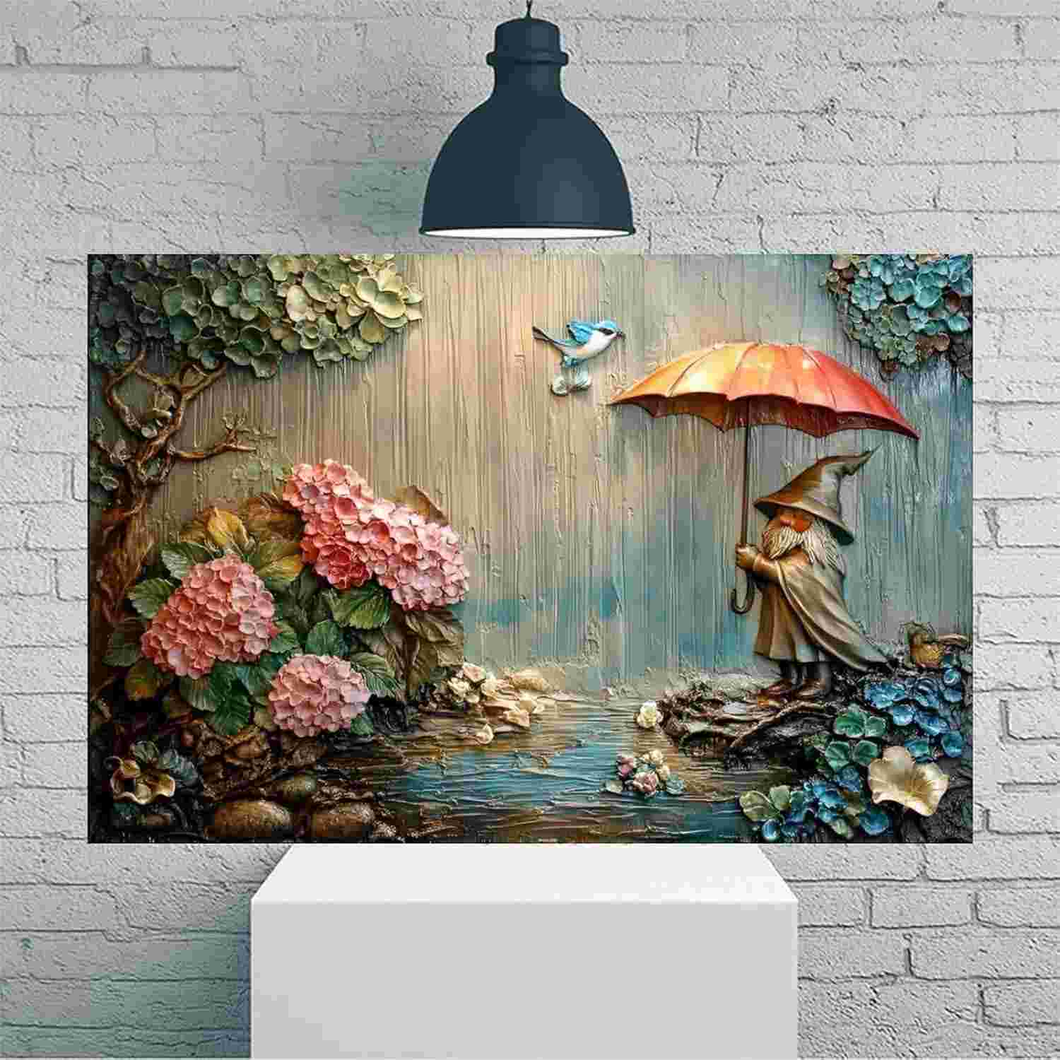 Arte de Parede Vintage Gnome Under Umbrella - Pôster 30x45cm para Decoração Rústica