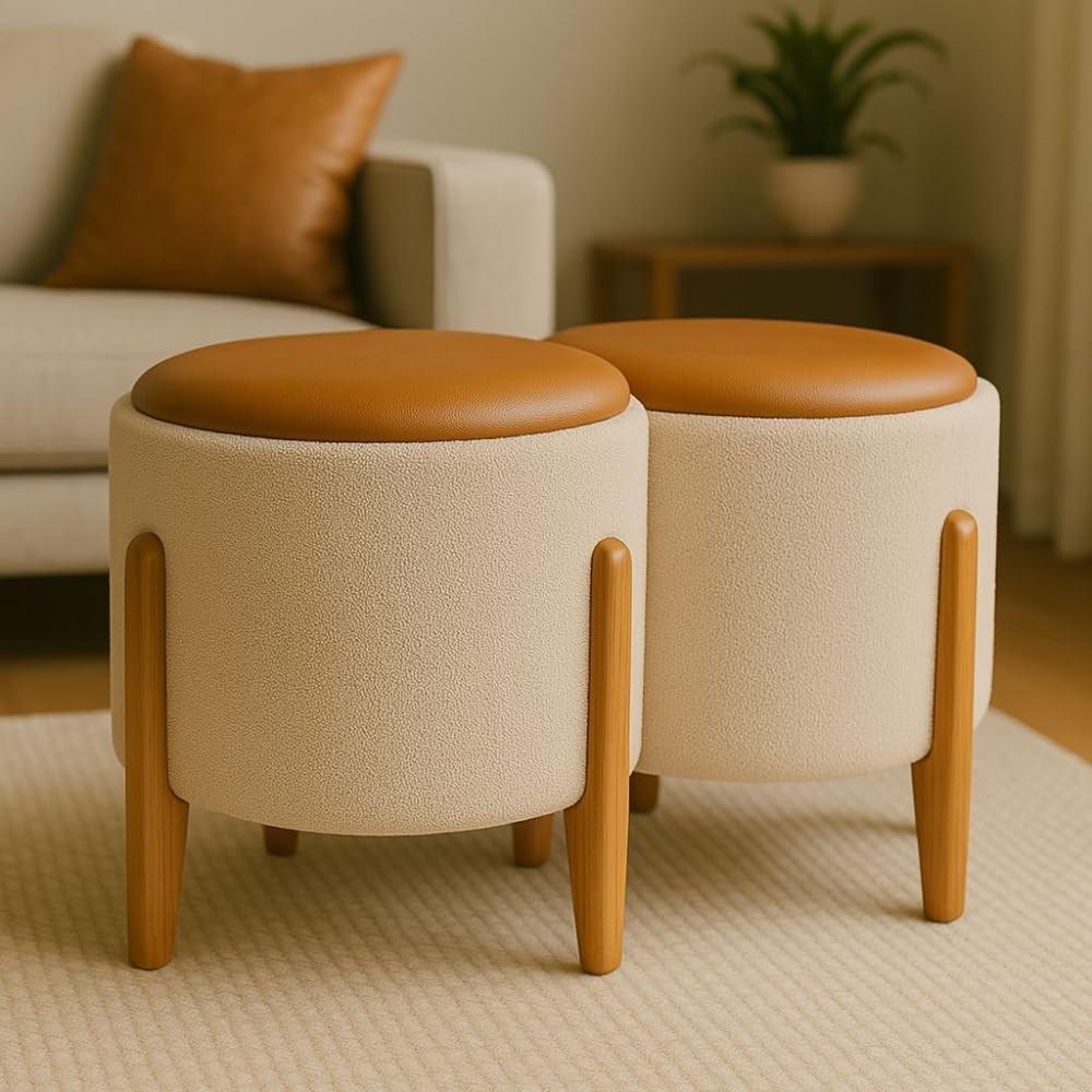 Puff Decorativo Redondo com Assento Macio em Courino e Pés de Madeira - Ideal para Sala e Escritório