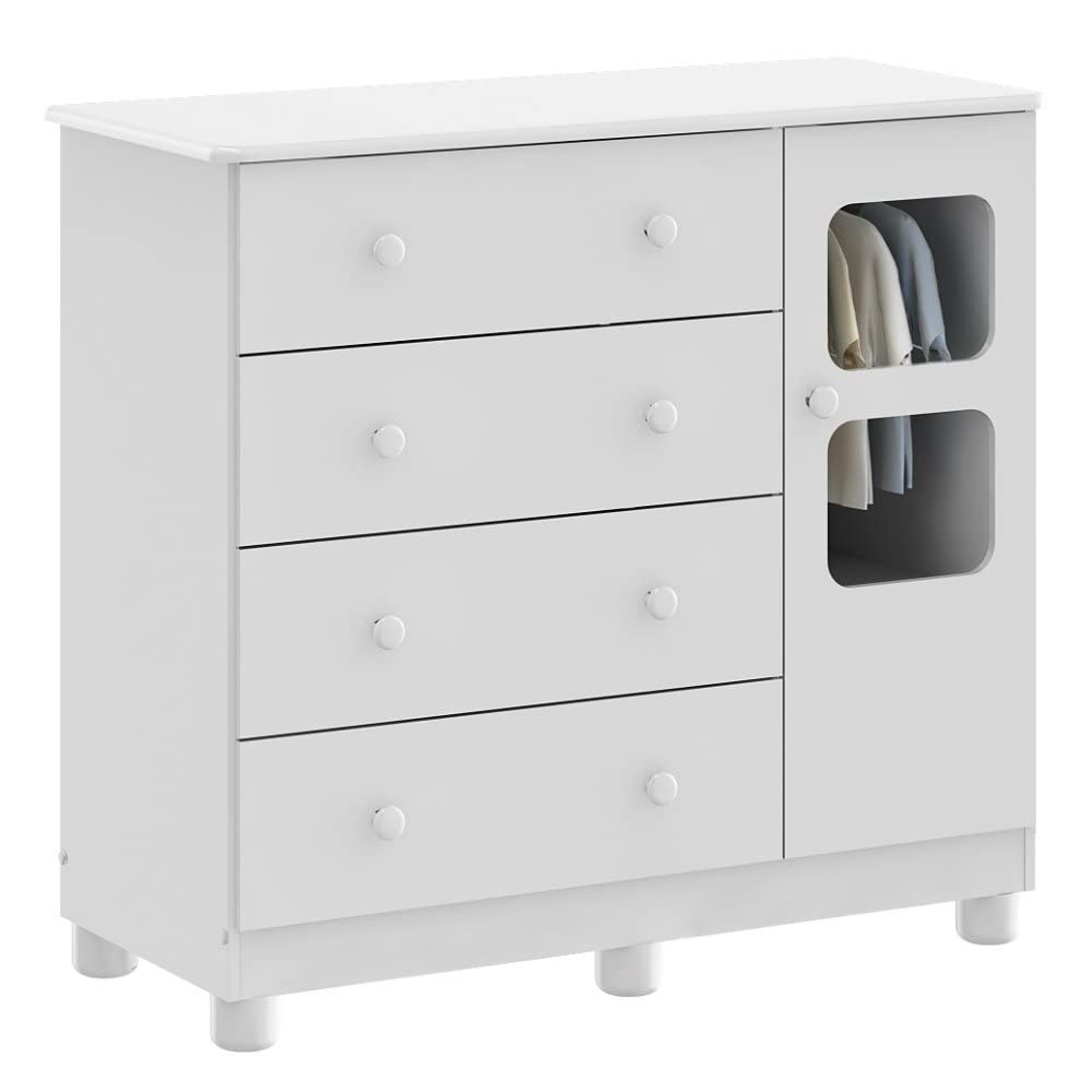 Cômoda de Bebê Uli Móveis 1 Porta 4 Gavetas em Peroba Branco Brilho - Design Moderno e Funcionalidade