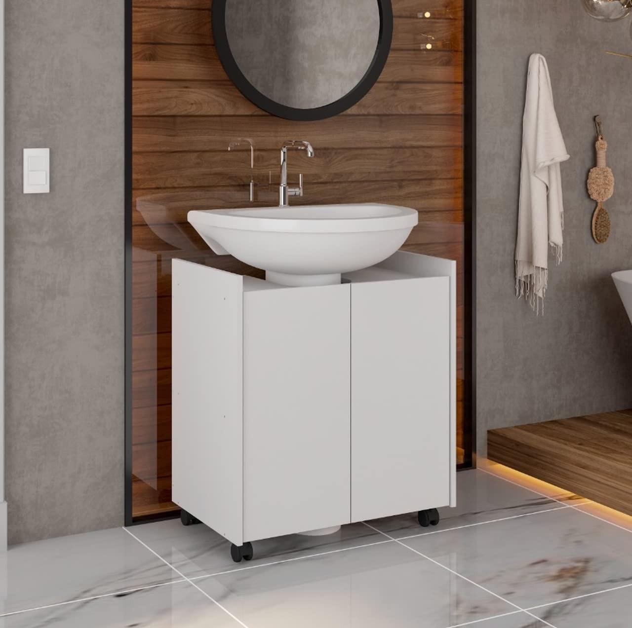 Gabinete para Pia de Coluna Banheiro Eccos – Design Moderno, 2 Portas e Rodízios