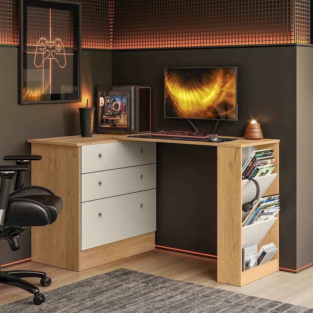 Cômoda com Mesa Giratória Gamer Freijó Off White Qmovi - Design Moderno e Funcionalidade Premium