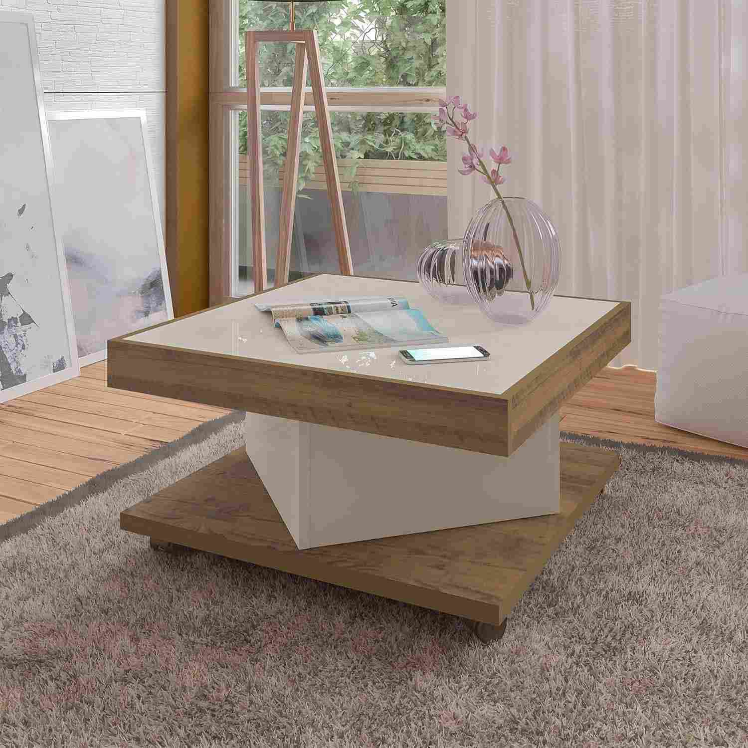 Mesa de Centro com Rodízios SAARA – Design Moderno em Off White e Pinho