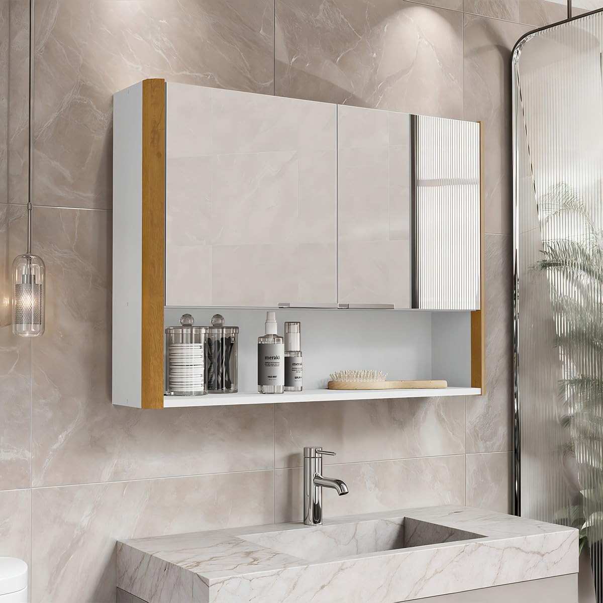 Armário de Banheiro Aéreo com Espelho e Nicho Santorini – Design Moderno e Funcionalidade