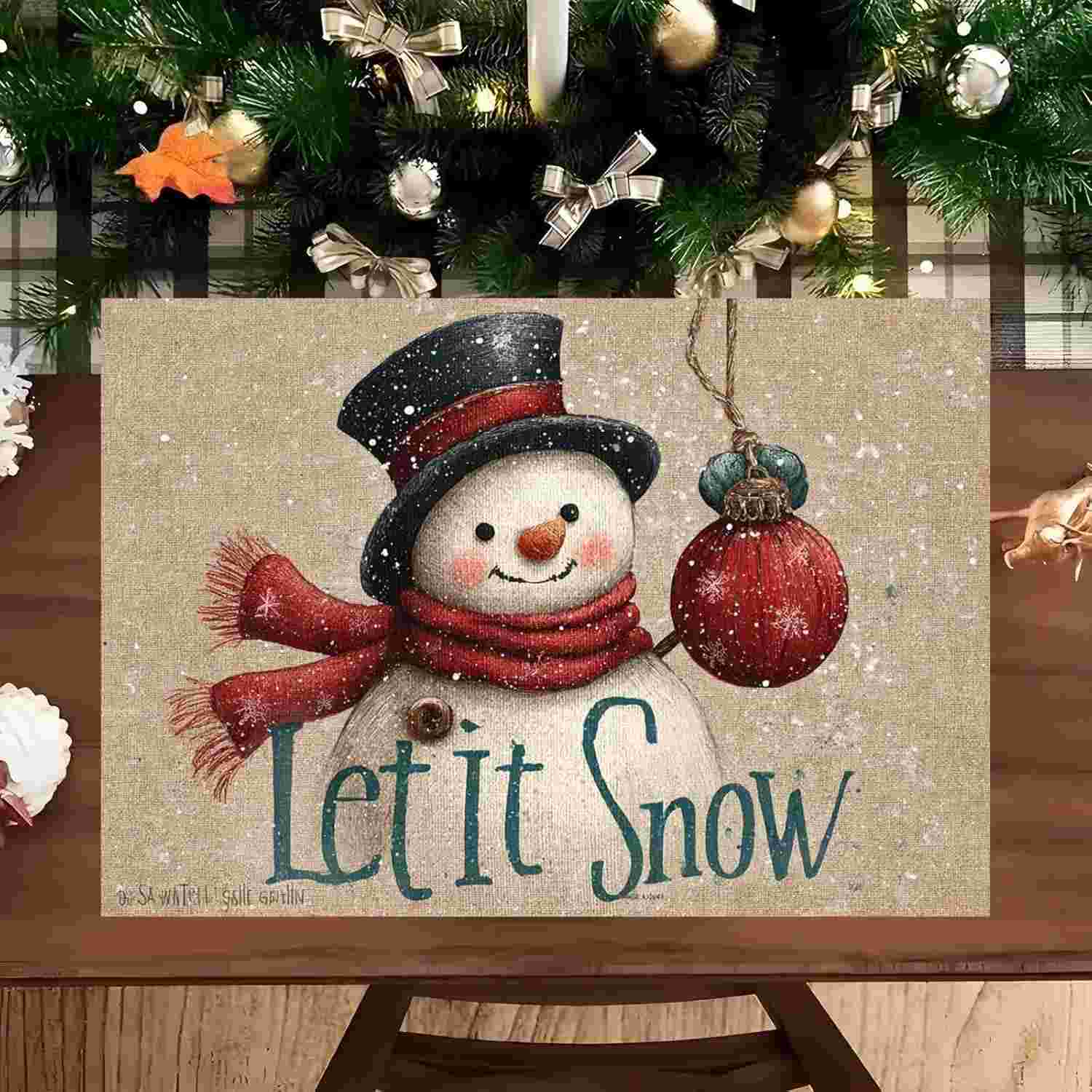 Jogo Americano de Mesa de Natal 29x43cm - Design Let It Snow com Boneco de Neve