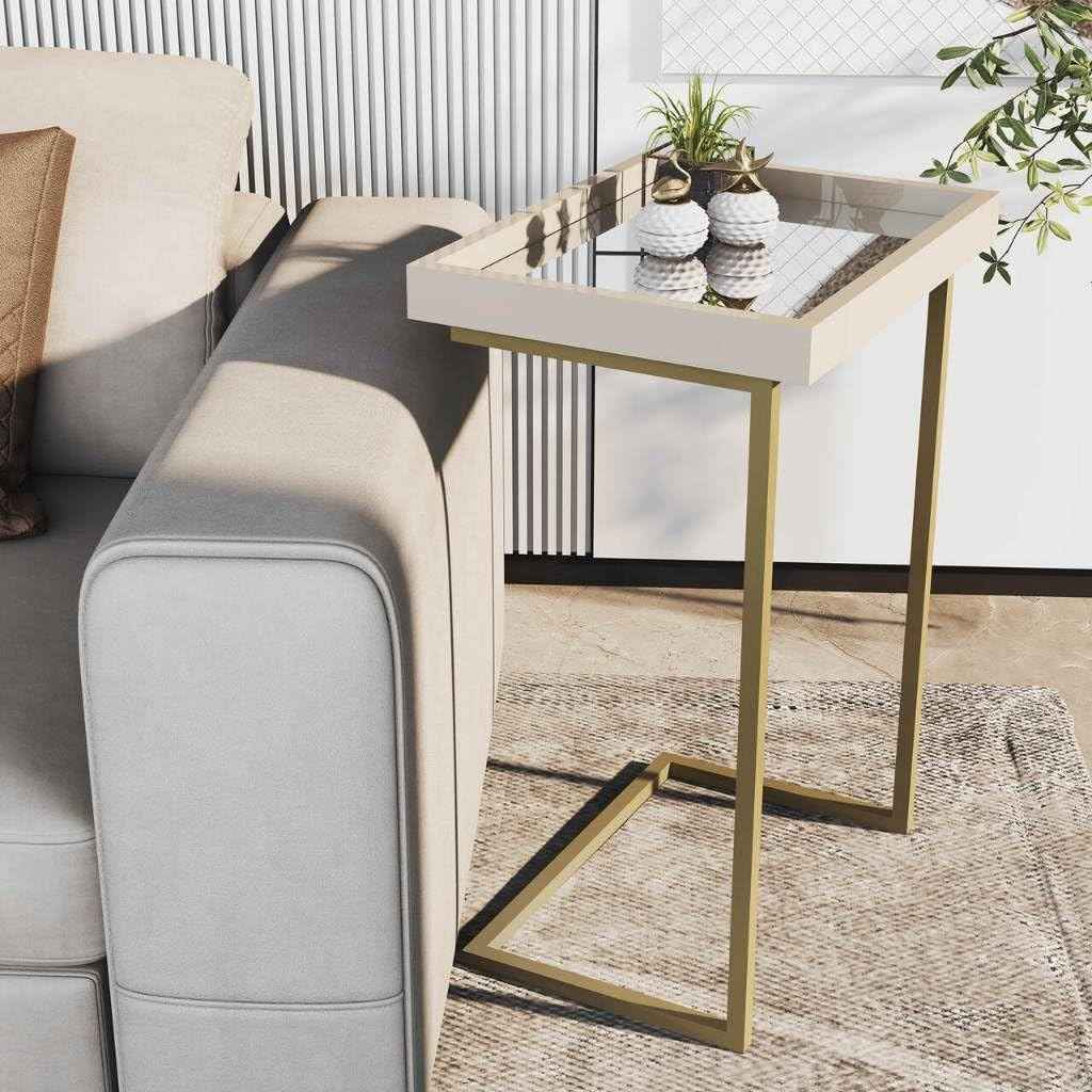 Mesa Lateral para Sofá com Bandeja Removível - Design Moderno Dourado