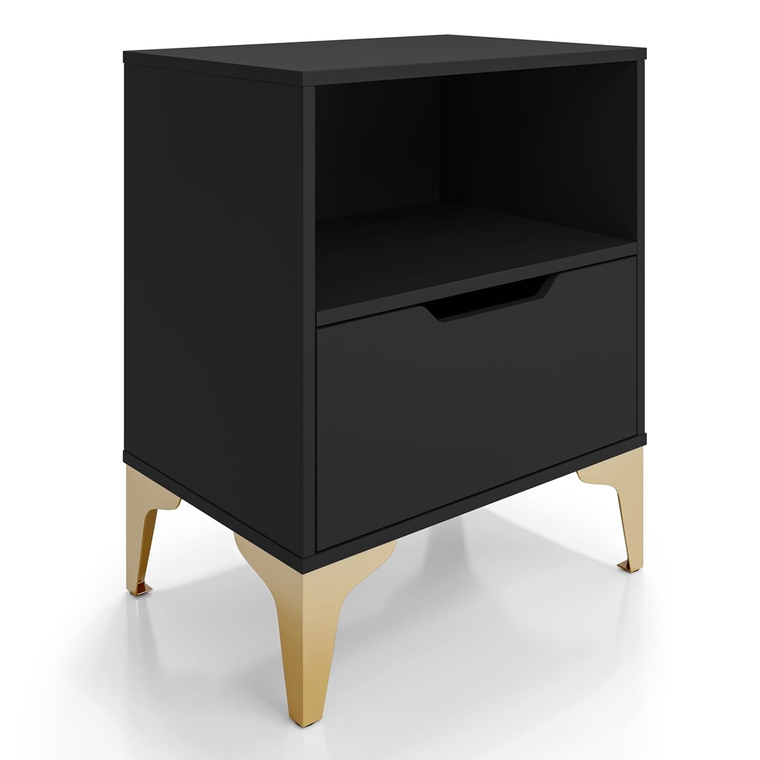 Mesa de Cabeceira com Gaveta Telescópica e Design Industrial Moderno - Base em Aço Preto e Pé Dourado