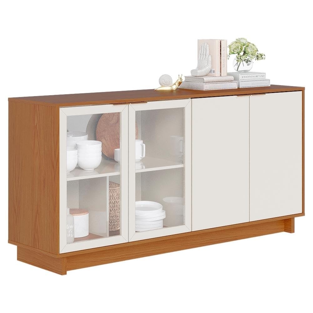 Buffet Vitória Colibri Móveis – 4 Portas, 2 Prateleiras, Design Retrô em Freijó e Off White
