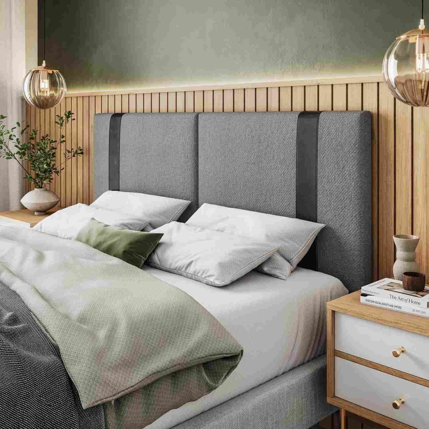Cabeceira Dobrável ARTE Estofada em Linho Cinza com Detalhe Preto – Design Sofisticado para Cama Casal Queen 1,58m