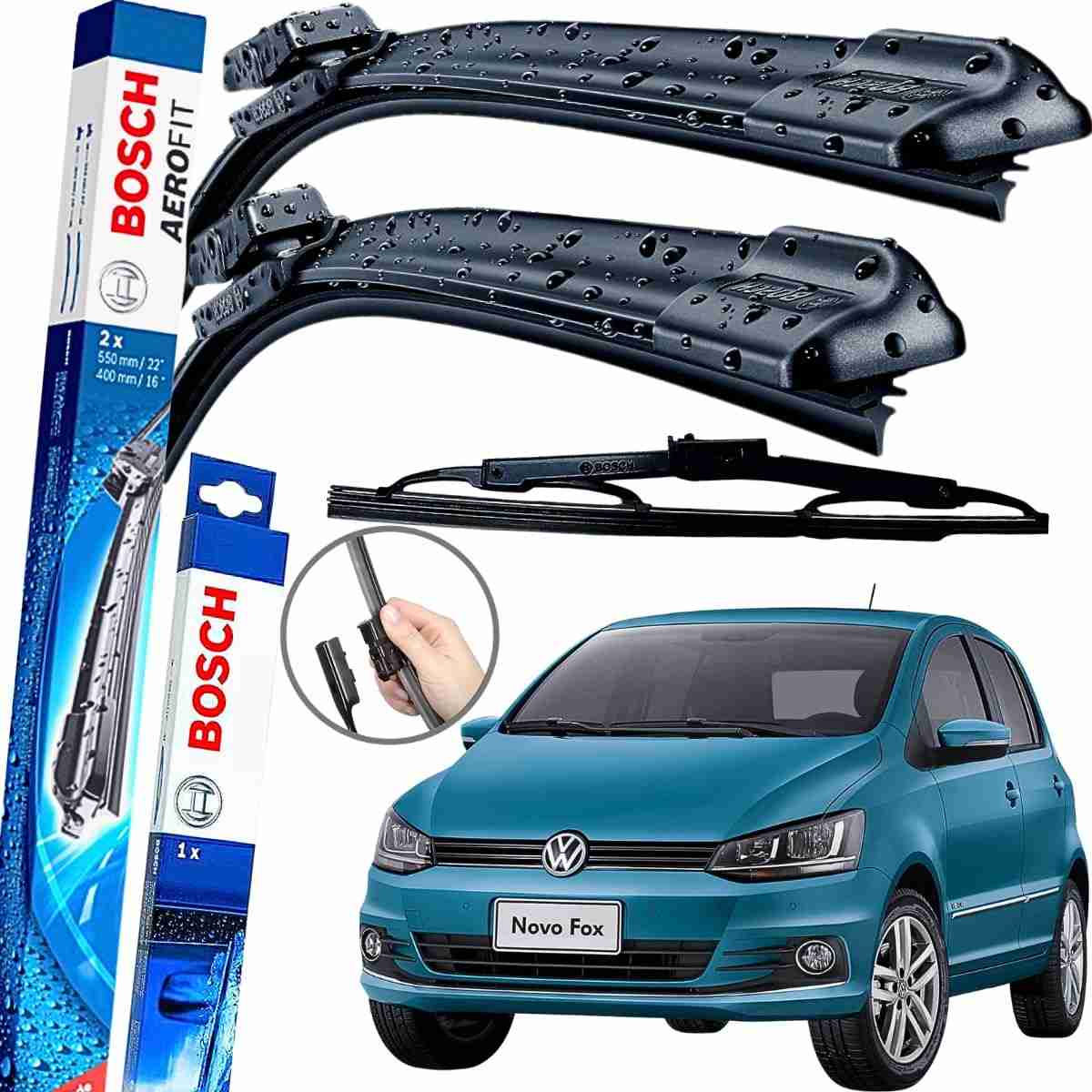 Kit Palheta Limpador Parabrisa Bosch Aerofit Dianteira + Traseira VW Fox (2013-2022)