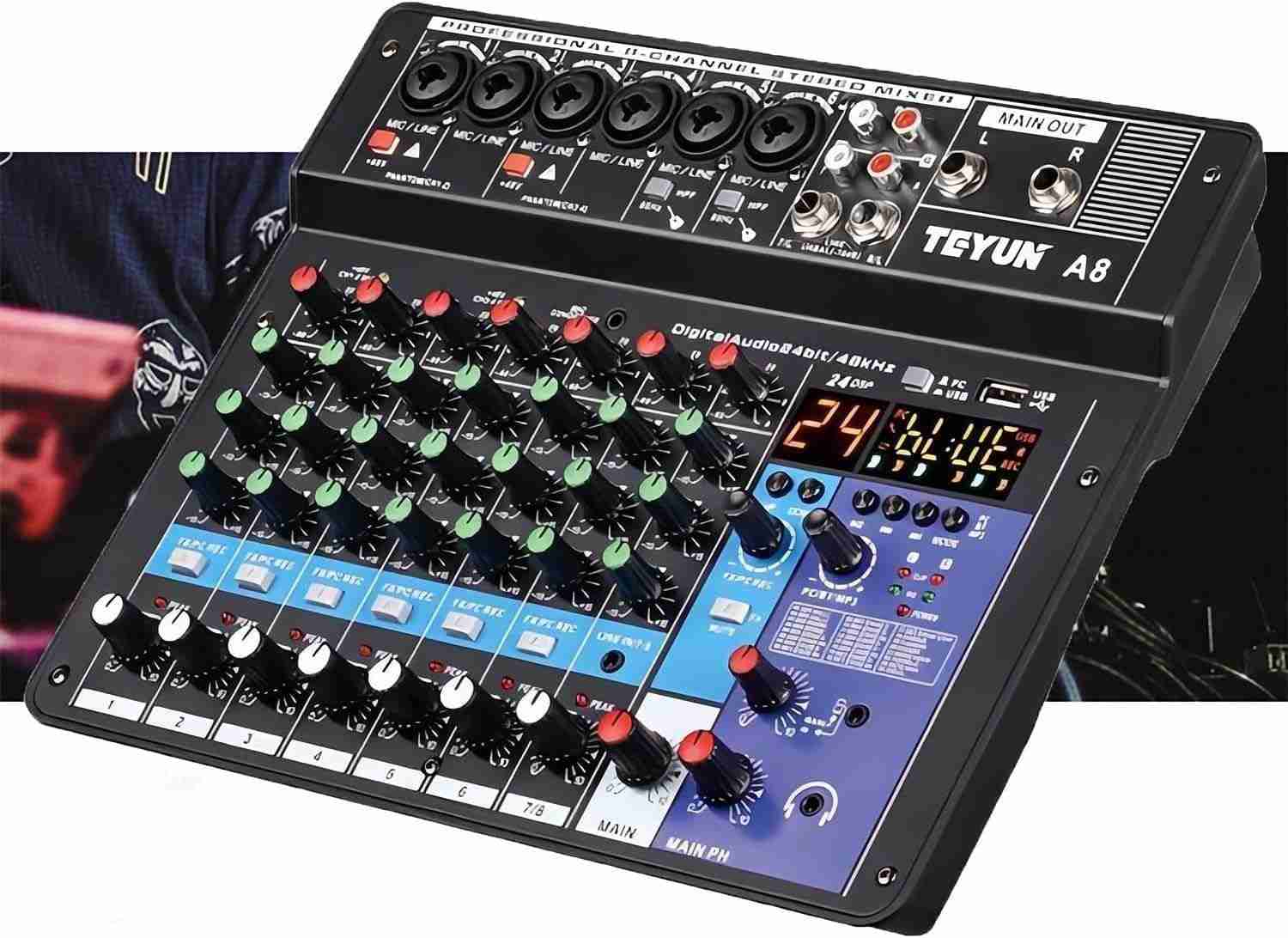Mesa de Som Teyun A8: Digital 8 Canais com Bluetooth, USB e Reverb Profissional