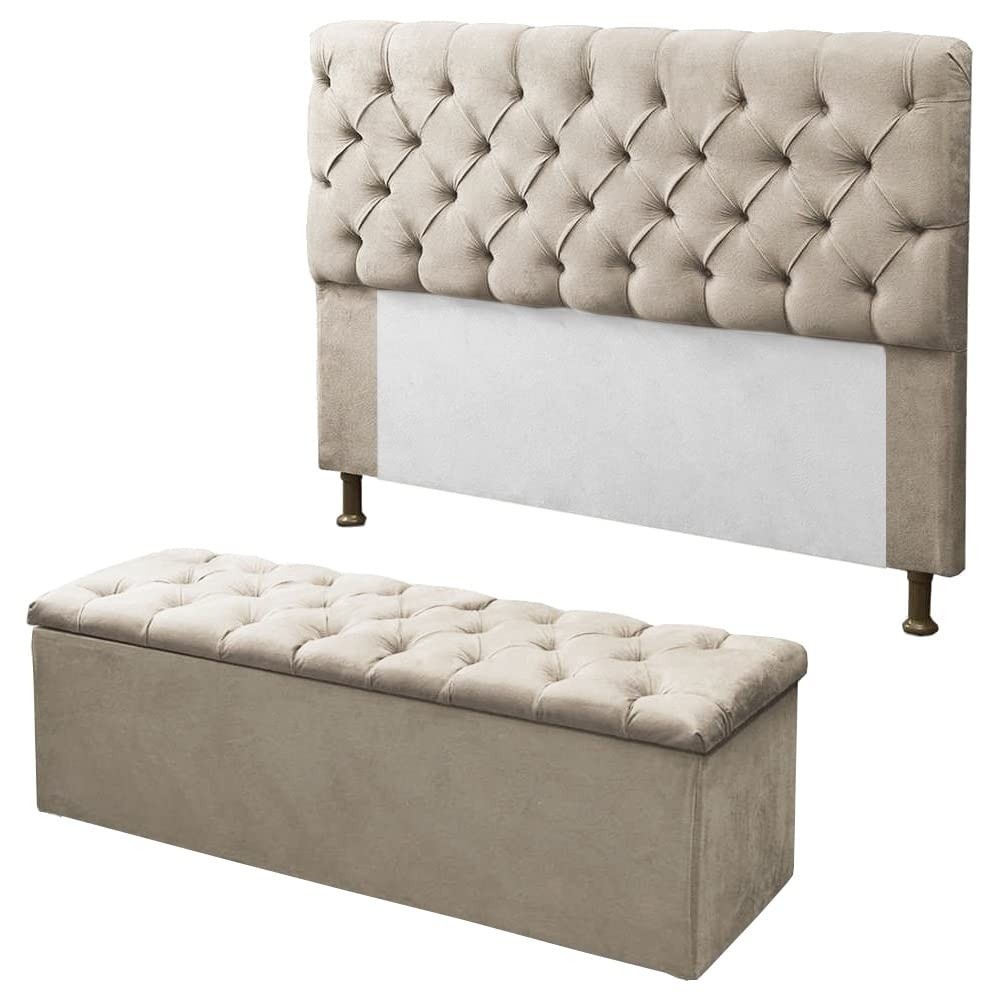 Kit Cabeceira + Calçadeira Baú Mirage Queen 160cm Suede Bege - DL Decor