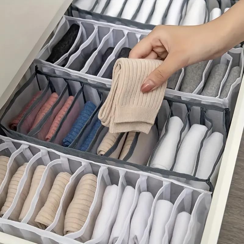 Organizador de Gavetas com 11 Divisórias - Tecido Dobrável para Meias e Roupas Íntimas (Cinza)