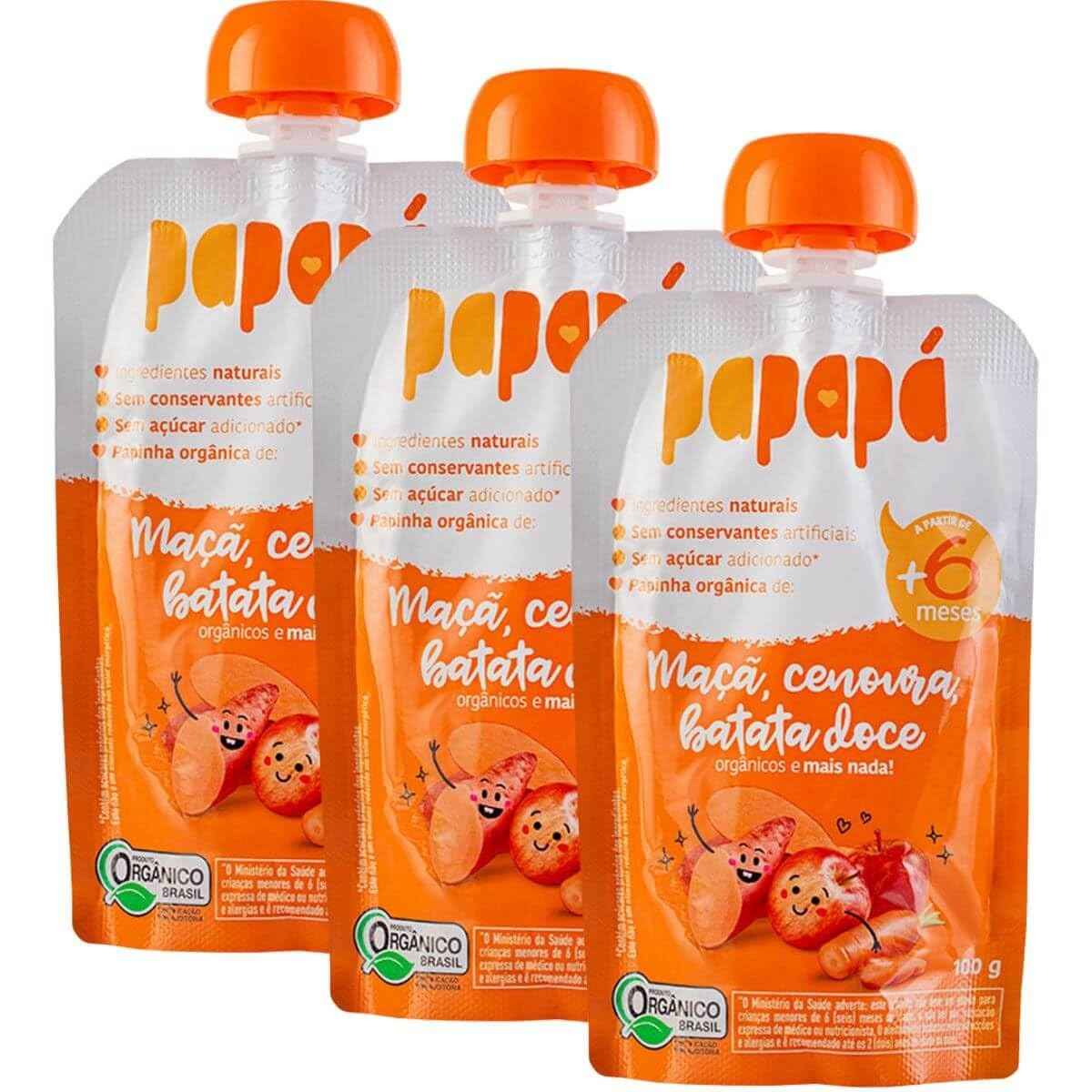 Kit 3 Papinhas Orgânicas Maçã, Cenoura e Batata Doce 100g - Papapá | Alimentação Saudável para Bebês