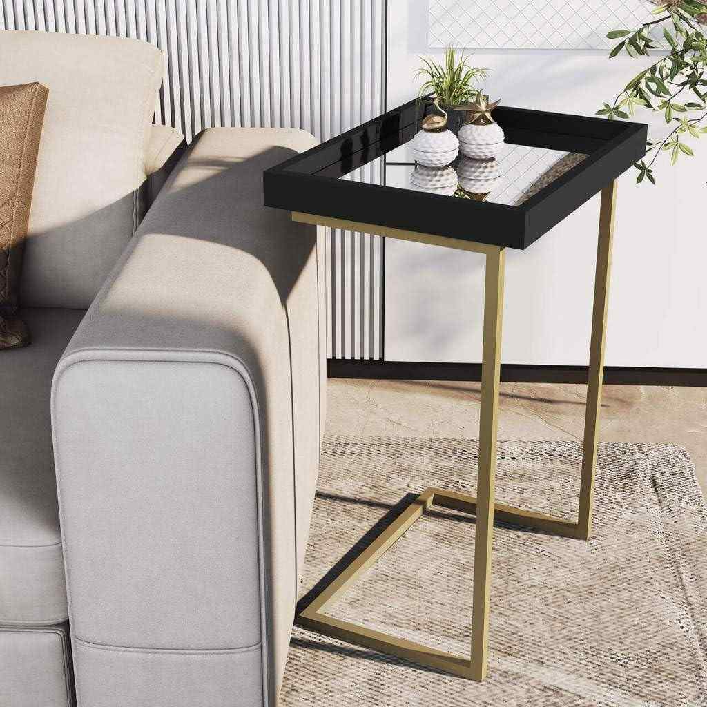 Mesa de Apoio Lateral para Sofá com Bandeja Removível - Design Moderno Preto e Dourado