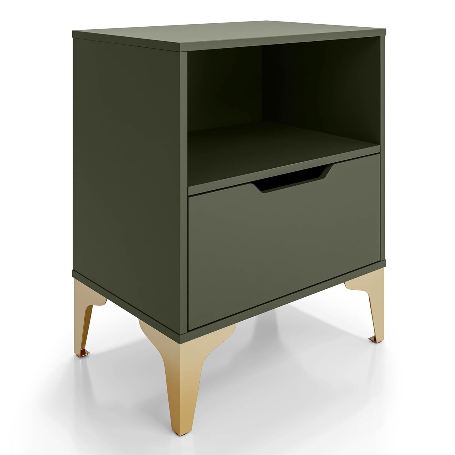 Mesa de Cabeceira com Gaveta e Nicho - Design Industrial Moderno Verde e Pé Dourado