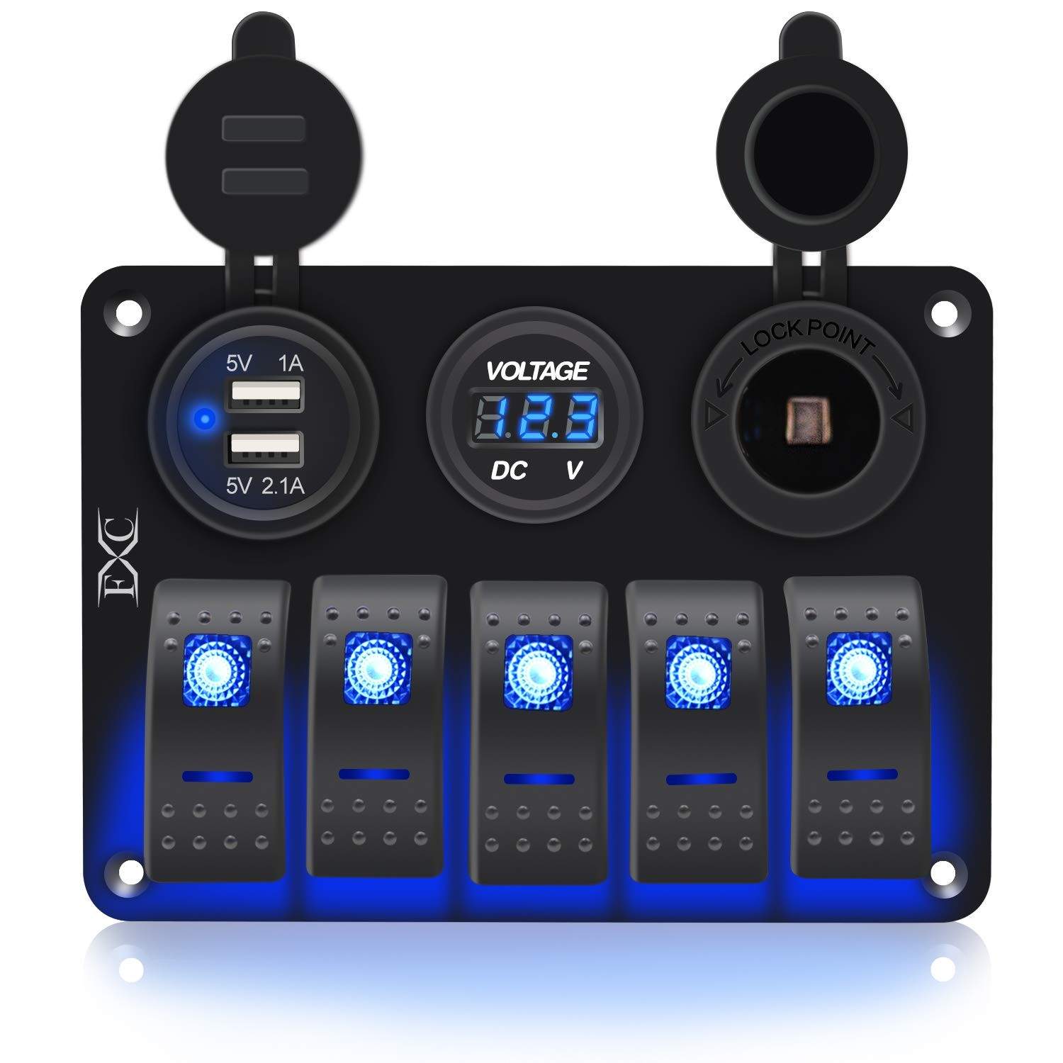 Painel de Alumínio FXC: 5 Entradas, USB Duplo 3.1A e Voltagem - Essencial para seu Veículo ou Barco!