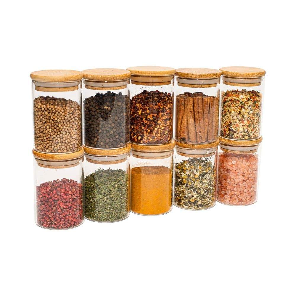 Oikos - Kit 10 Potes de Vidro 250ml com Tampa de Bambu Hermética | Armazenamento Elegante e Durável