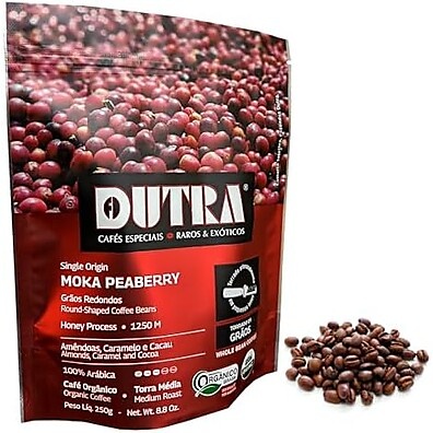 Café Dutra, Orgânico Especial, Moka Peaberry, Notas Amêndoas e Caramelo, Torrado em Grãos, 250G