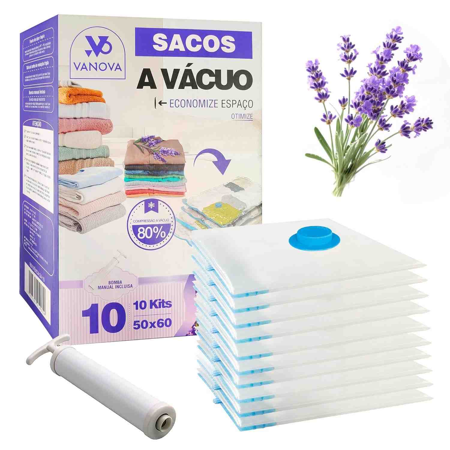 Kit 10 Sacos a Vácuo com Aroma Lavanda 50x60cm + Bomba | Organize Malas e Guarda-Roupas com Estilo