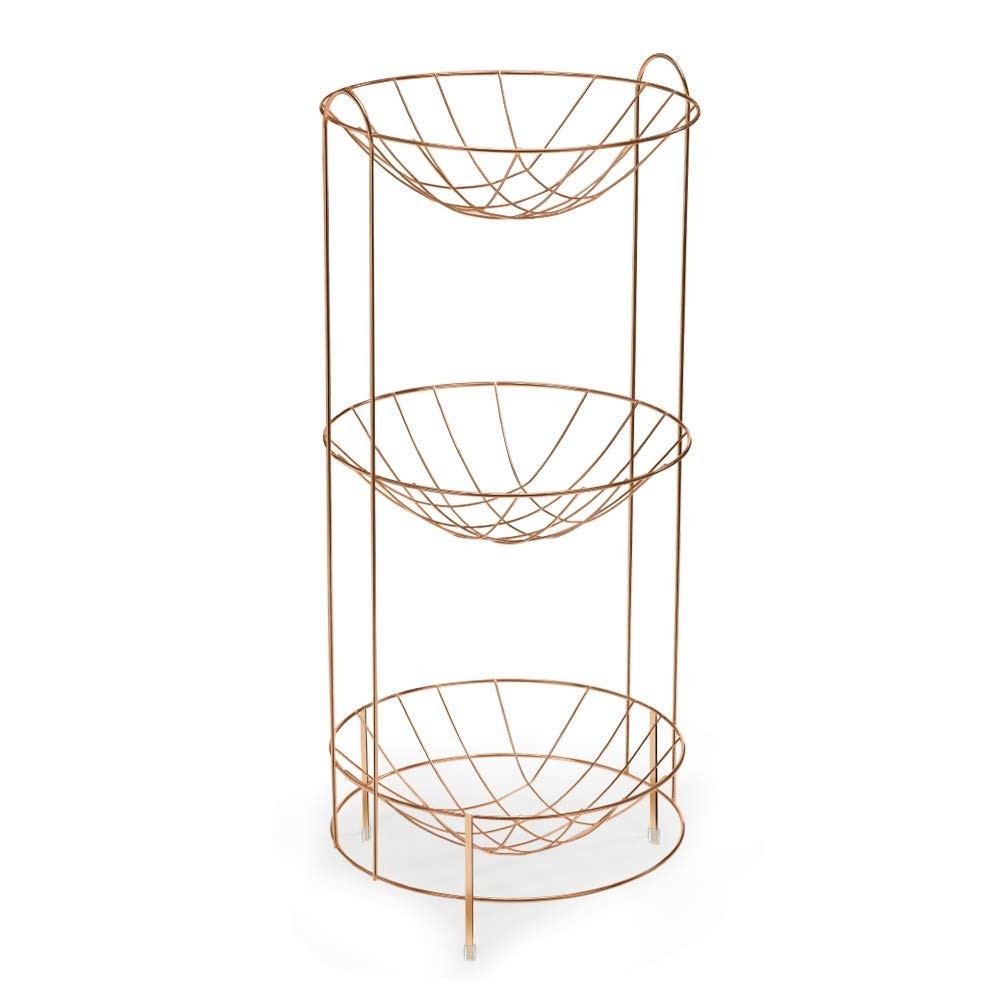 Fruteira Tripla Redonda com Rodízios 30cm Rosé Gold - Design Moderno e Funcional