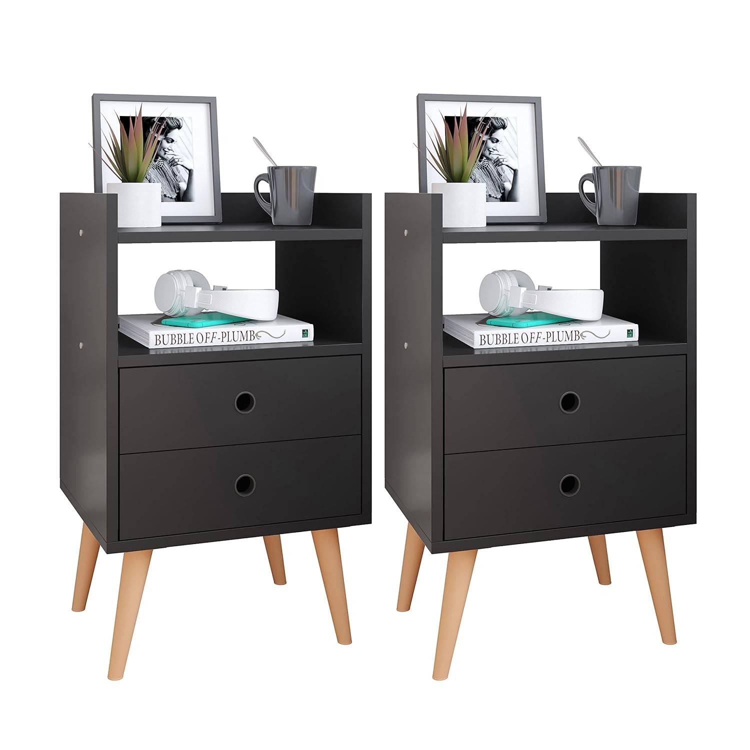 Conjunto Mesa de Cabeceira Retro com 2 Gavetas - Design Moderno e Funcional para seu Quarto