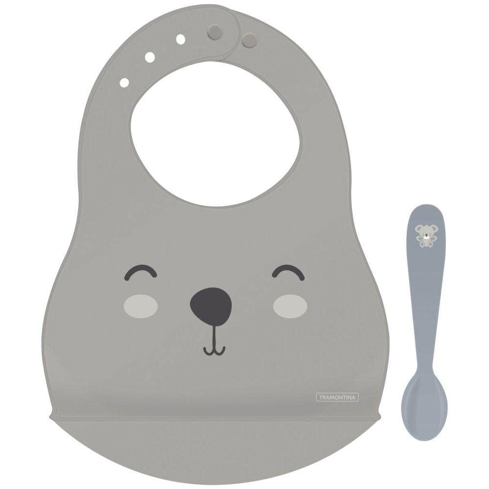 Kit Babador e Colher Infantil Tramontina Le Petit Cinza - Proteção Antimicrobiana e Conforto Total