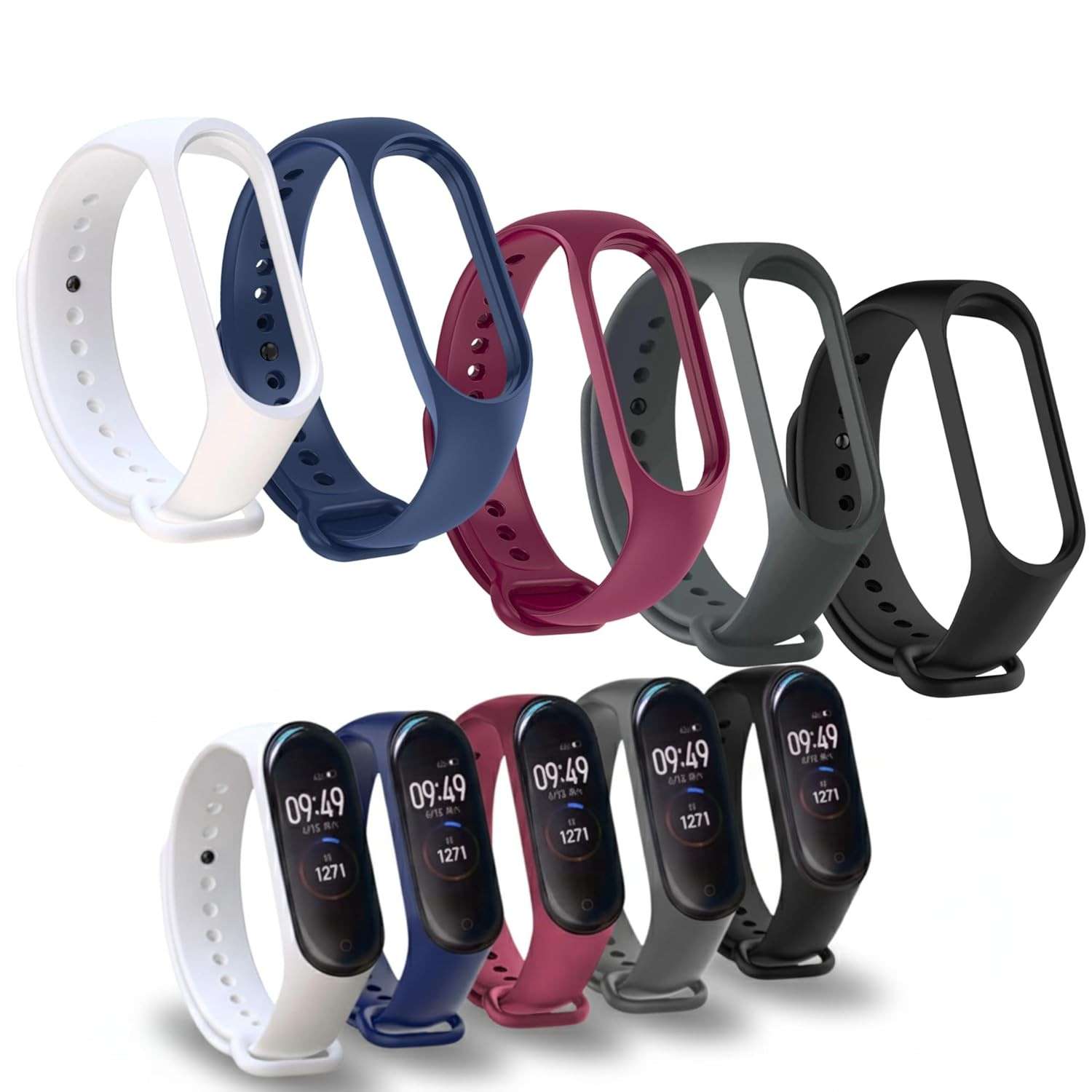 Kit 5 Pulseiras Compativel MI Band 3 e 4 Cores Preto Azul Cinza Vinho Marsala Branco Bracelete Silicone Com Pino Resistente
