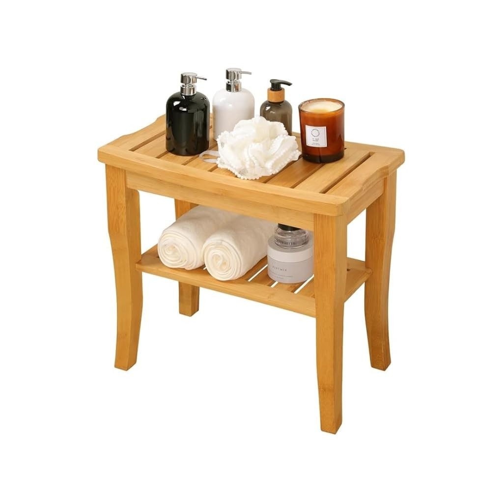 Banco de Bambu com Prateleira para Chuveiro 48x43cm - Segurança e Estilo no Banheiro