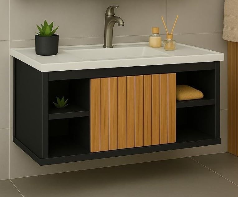 Conjunto Gabinete Cuba E Espelheira Para Banheiro Completo Preto/Ripado
