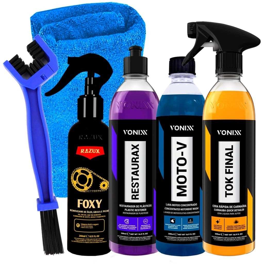 Kit Completo Lavagem e Tratamento Moto Vonixx + Razux + Karbox: Brilho e Proteção Impecáveis