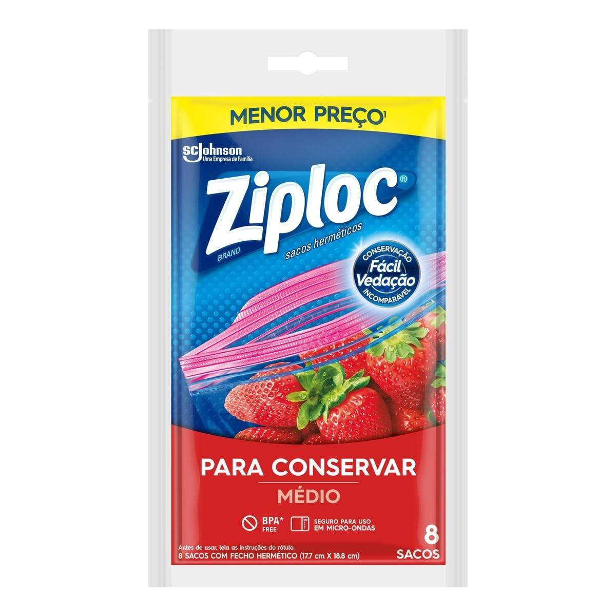 Ziploc Saco Hermético Médio 8 Unidades - Conservação e Organização na Cozinha
