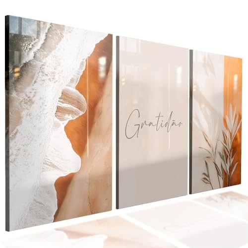 Kit 3 Quadros Decorativos Sala/Quarto - Gratidão em Cores Neutras | Design Premium e Fácil Instalação