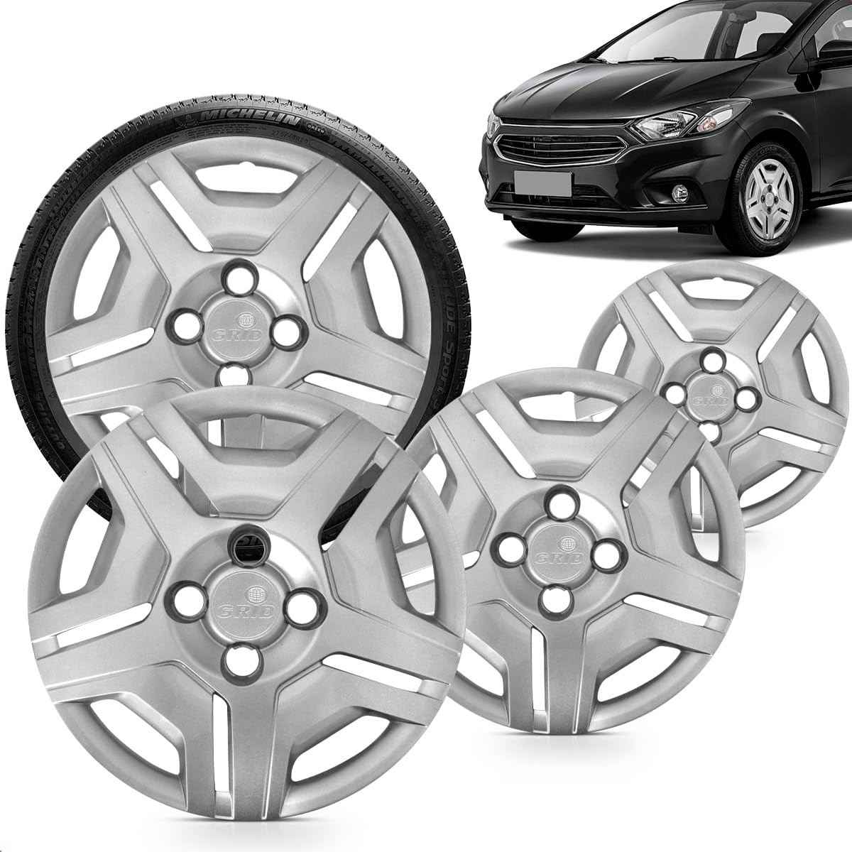 Kit 4 Calotas Aro 14 Prata Grid para Onix e Prisma (14-18) - Estilo e Proteção