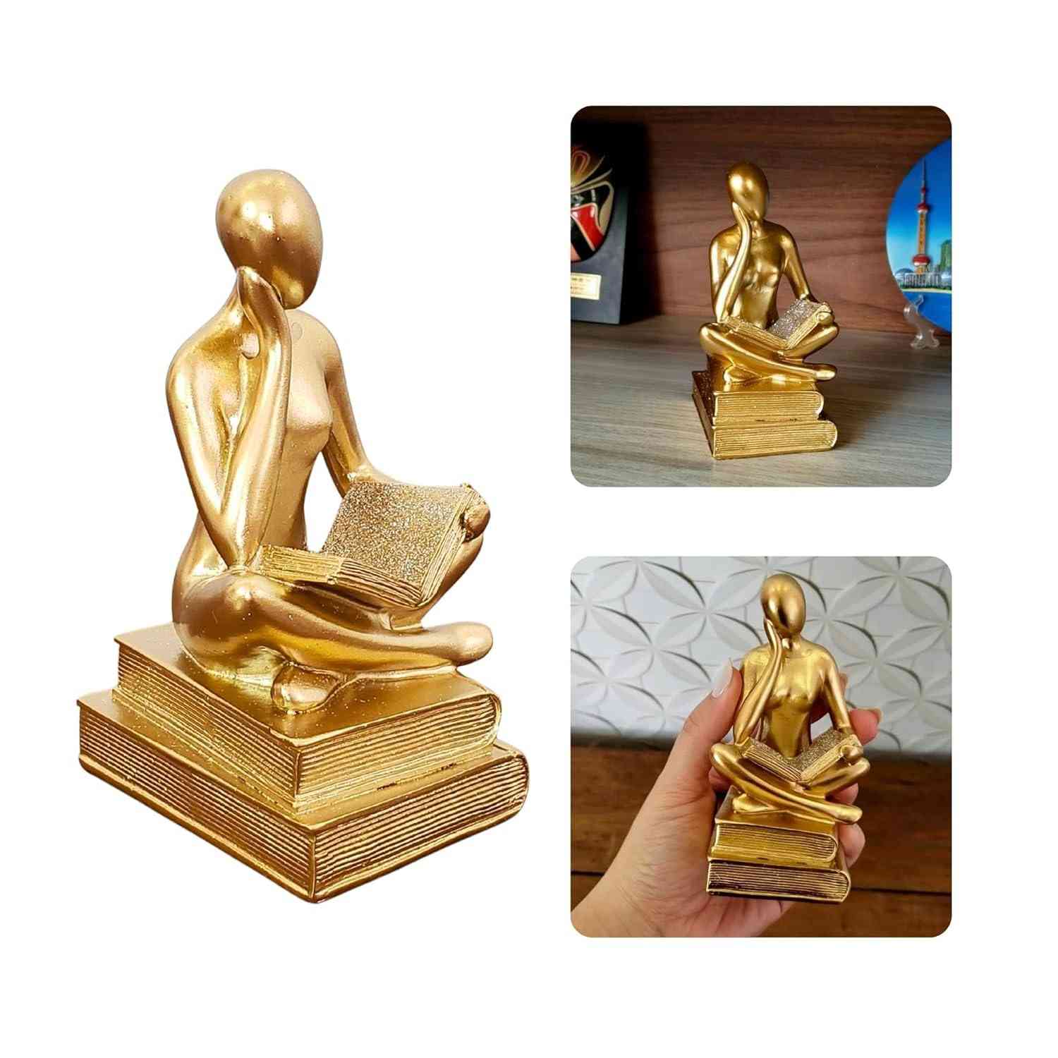 Estátua Decorativa Leitor Pensador em Resina Dourada - Inspire Cultura e Estilo em Casa ou Escritório