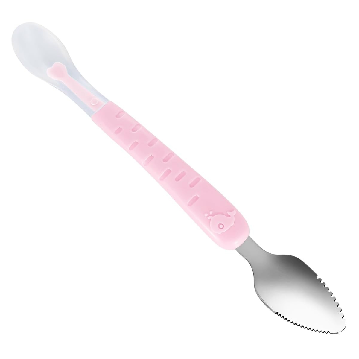 Colher 2 em 1 Inox e Silicone Rosa - Raspador e Servir Frutas para Bebês