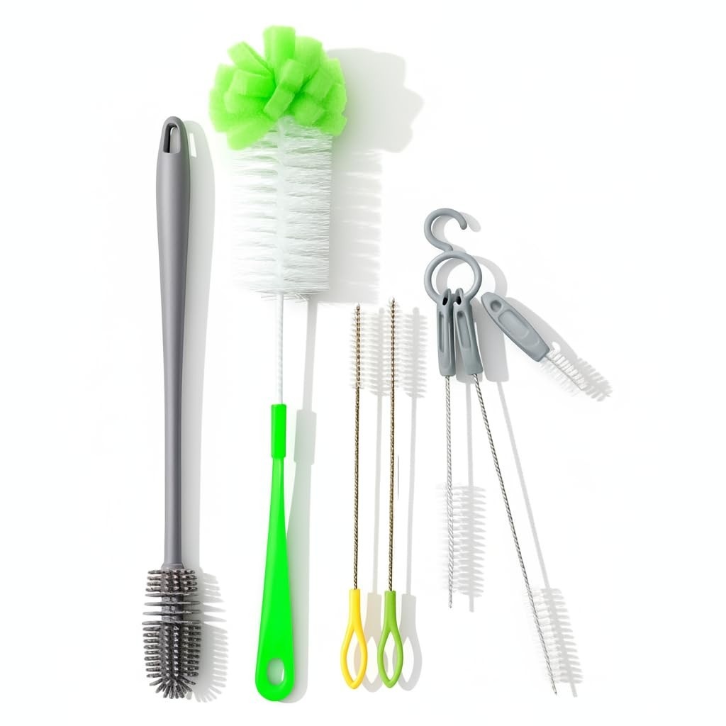 Kit 5 Escovas Multiuso para Garrafas, Mamadeiras e Canudos - Cerdas Firmes e Esponja para Limpeza Profunda