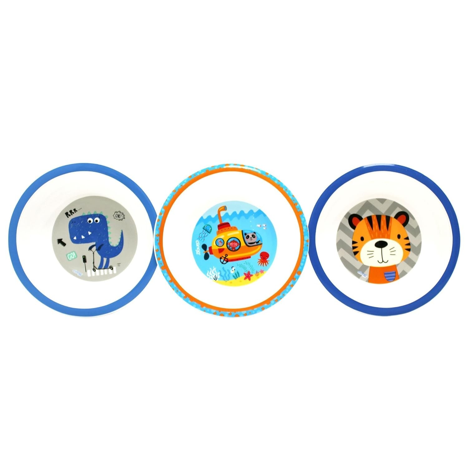Kit 3 Bowls Infantil Tigre/Dino/Submarino - Clingo | Estampas Divertidas, Seguras e Práticas