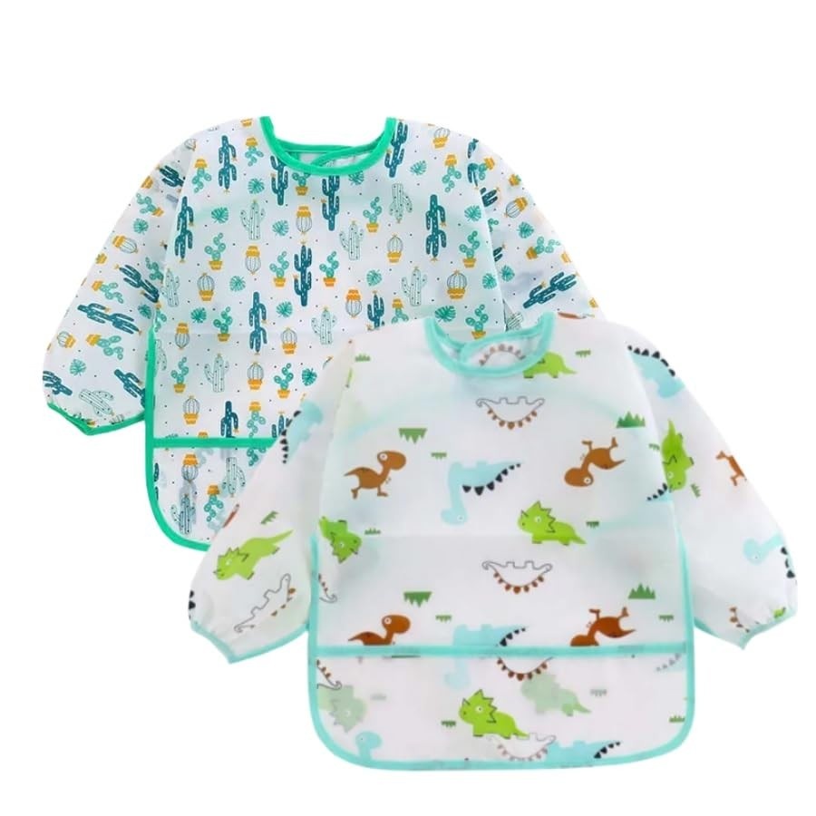 Babador Manga Longa Infantil - Kit 2 Unidades com Estampas Dino e Cactos