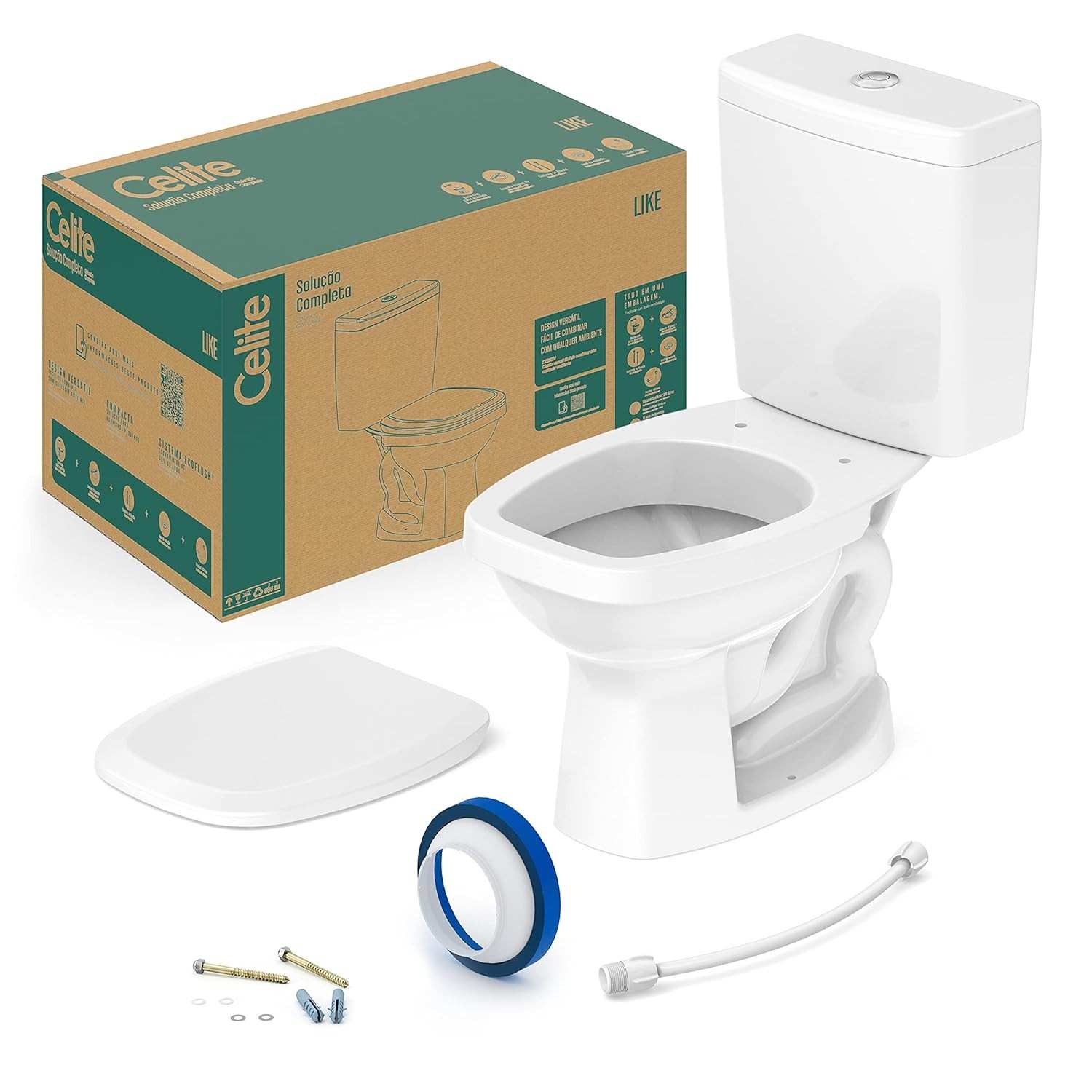 Kit Bacia Sanitária com Caixa e Assento Like - Ecoflush 3/6L, Design Moderno 36x61x74cm